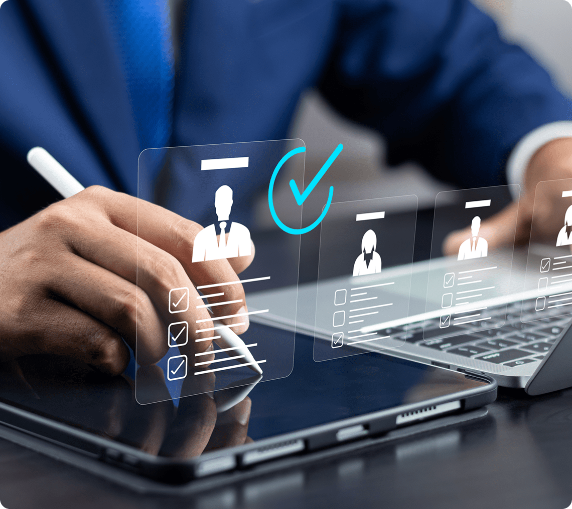 Businessman reviewing digital profiles